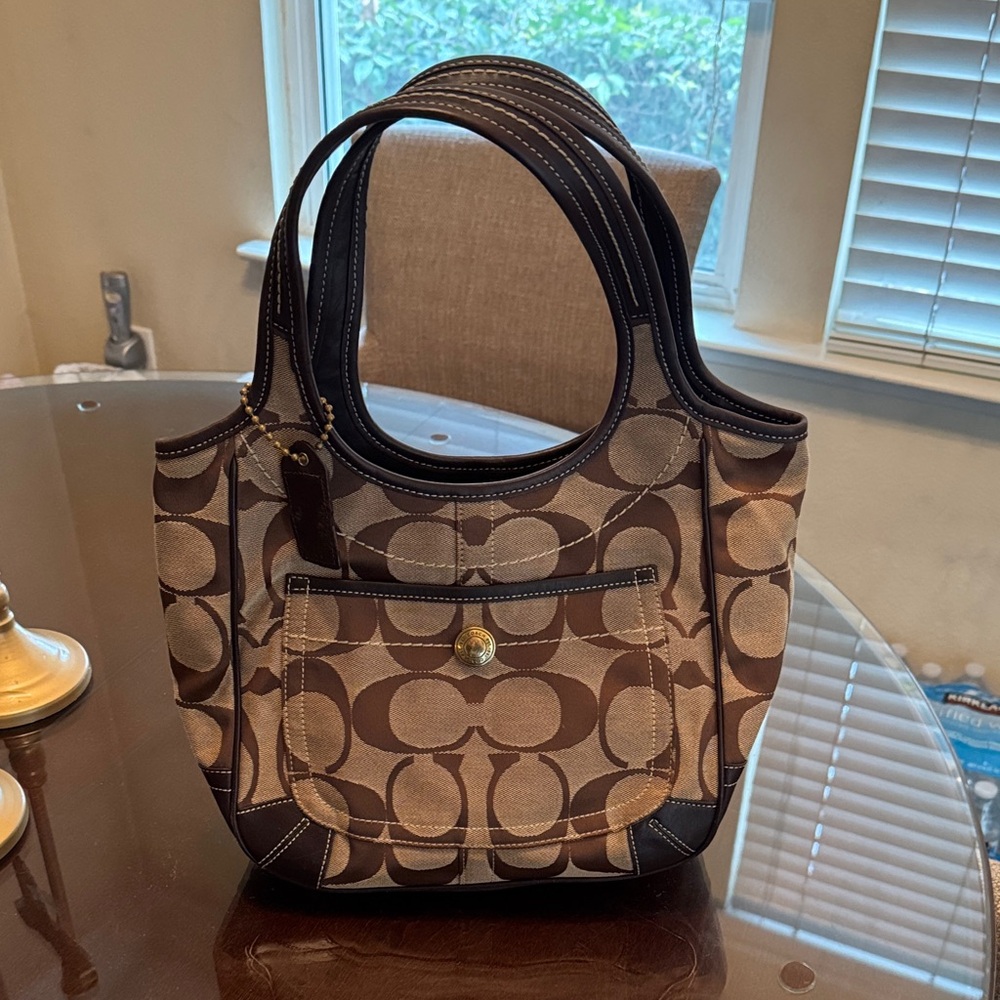 Coach Tan and Brown Signature Shoulder Bag